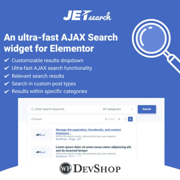 JetSearch for Elementor. Perfect for enhancing website search, it offers AJAX-based search, SEO optimization, and GPL license with 100% virus-free guarantee and unlimited domain usage.