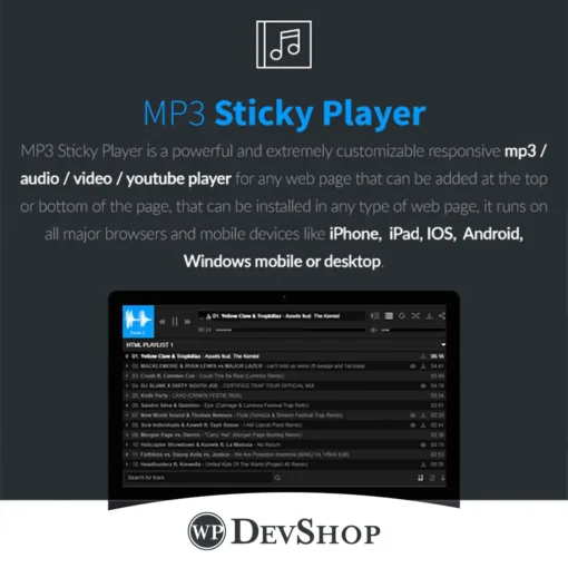 MP3 Sticky Player WordPress Plugin. Perfect for music and podcasts, it offers customizable skins, SEO optimization, and GPL license with 100% virus-free guarantee and unlimited domain usage.