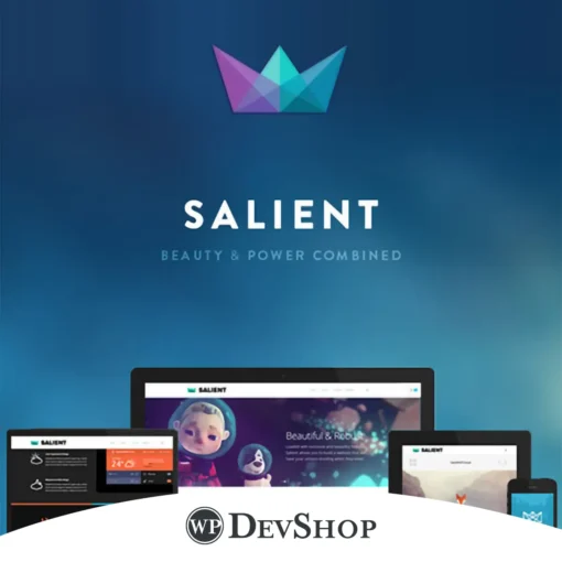 Salient – Multi-Purpose WordPress Theme. Perfect for businesses, it offers customizable layouts, SEO optimization, and GPL license with 100% virus-free guarantee and unlimited domain usage.