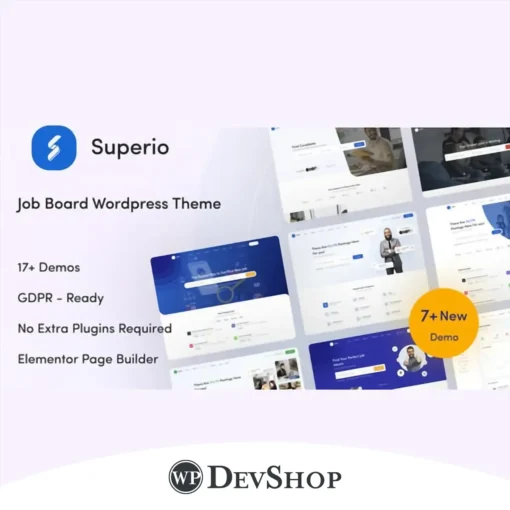 Superio – Job Board WordPress Theme. Perfect for recruitment agencies, it offers advanced job board features, SEO optimization, and GPL license with 100% virus-free guarantee and unlimited domain usage.