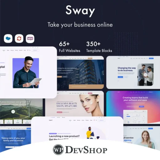 Sway – Multi-Purpose WordPress Theme. Perfect for businesses, it offers customizable layouts, SEO optimization, and GPL license with 100% virus-free guarantee and unlimited domain usage.