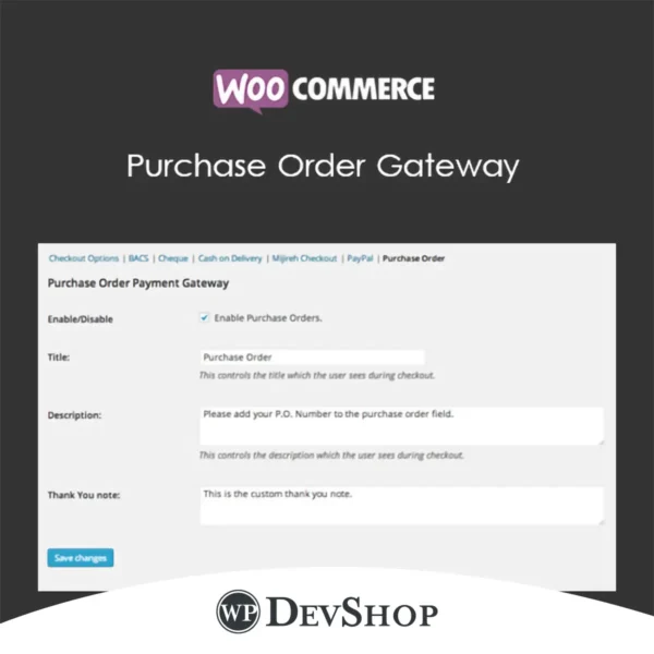 Enable purchase orders on your WooCommerce store with the Purchase Order Gateway extension. GPL licensed, 100% virus-free, and ideal for B2B sales, with seamless integration and customizable instructions.